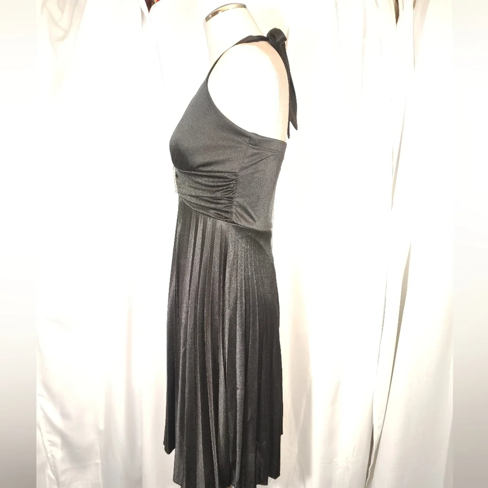 Satin Halter Formal Midi Dress,Tie Pleated Skirt, Empire Waist, Black, S